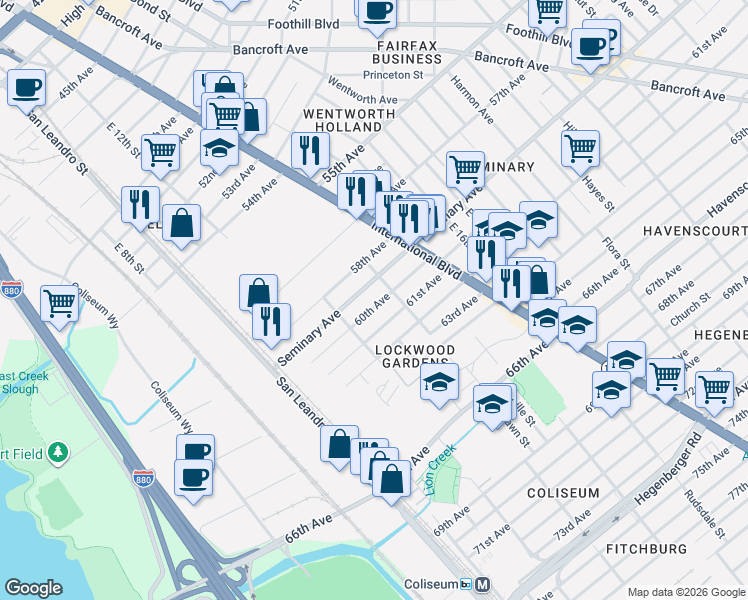 map of restaurants, bars, coffee shops, grocery stores, and more near 1314 Seminary Avenue in Oakland