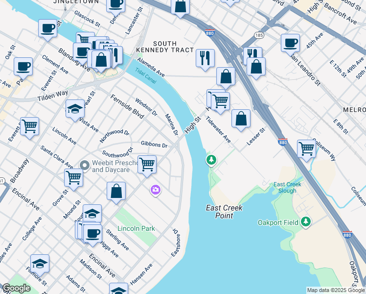 map of restaurants, bars, coffee shops, grocery stores, and more near 3132 Marina Drive in Alameda