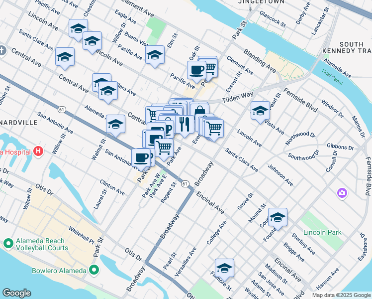 map of restaurants, bars, coffee shops, grocery stores, and more near 1413 Everett Street in Alameda