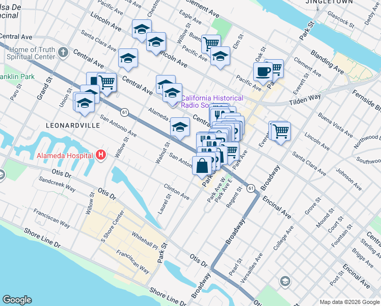 map of restaurants, bars, coffee shops, grocery stores, and more near 2224 Alameda Avenue in Alameda