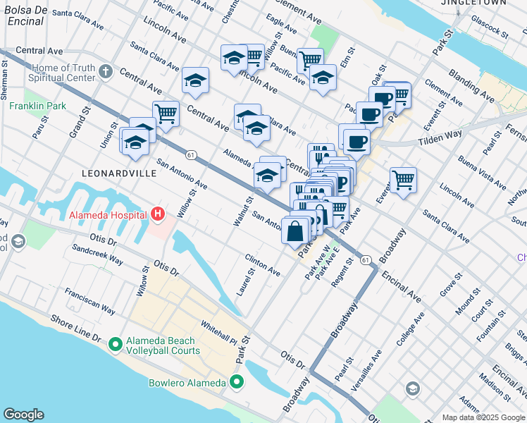 map of restaurants, bars, coffee shops, grocery stores, and more near 2224 Alameda Avenue in Alameda