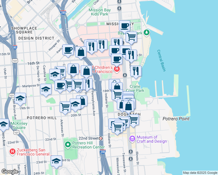 map of restaurants, bars, coffee shops, grocery stores, and more near 777 Mariposa Street in San Francisco