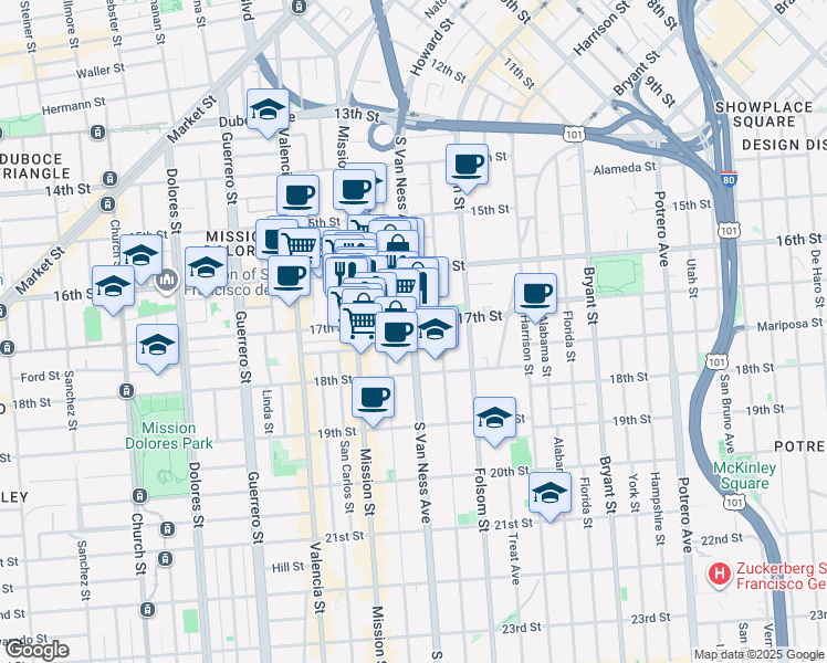 map of restaurants, bars, coffee shops, grocery stores, and more near in San Francisco