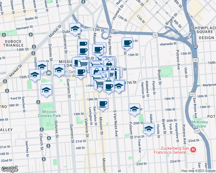 map of restaurants, bars, coffee shops, grocery stores, and more near in San Francisco