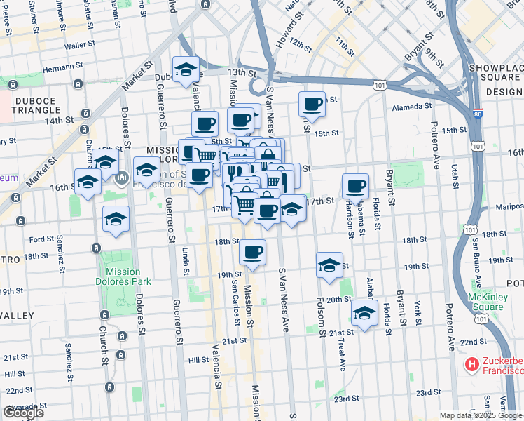 map of restaurants, bars, coffee shops, grocery stores, and more near in San Francisco