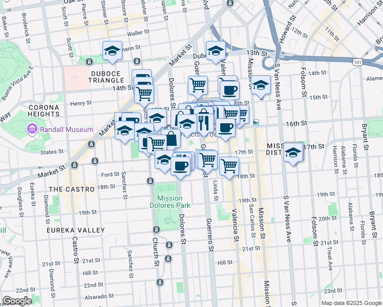 map of restaurants, bars, coffee shops, grocery stores, and more near 3245 16th Street in San Francisco