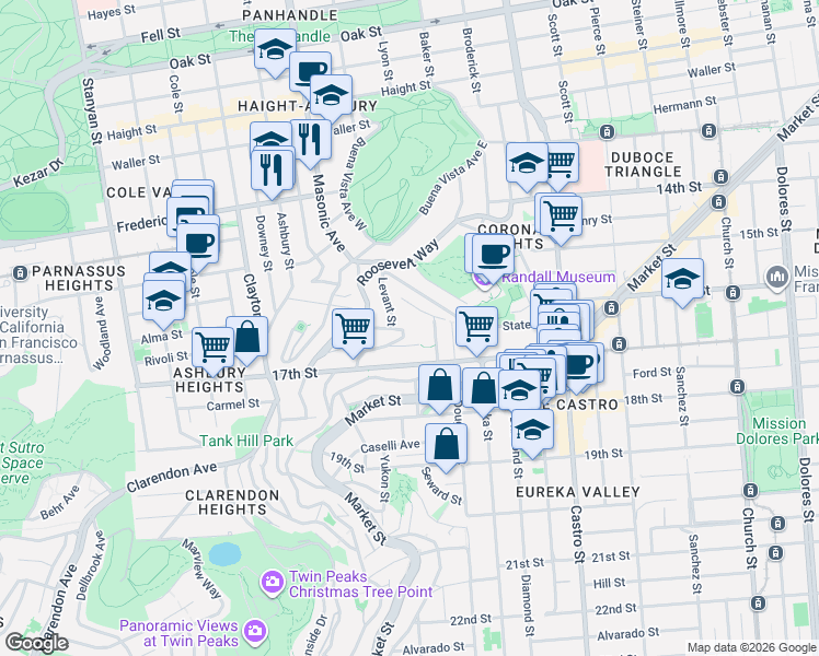 map of restaurants, bars, coffee shops, grocery stores, and more near 63 Levant Street in San Francisco