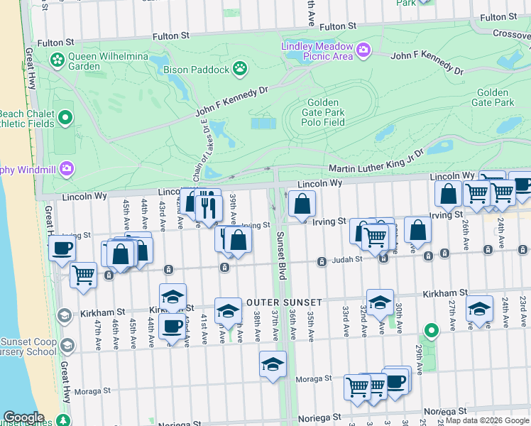 map of restaurants, bars, coffee shops, grocery stores, and more near Sunset Boulevard in San Francisco