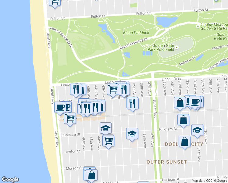 map of restaurants, bars, coffee shops, grocery stores, and more near 4101 Lincoln Way in San Francisco