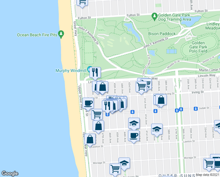 map of restaurants, bars, coffee shops, grocery stores, and more near 4525 Lincoln Way in San Francisco