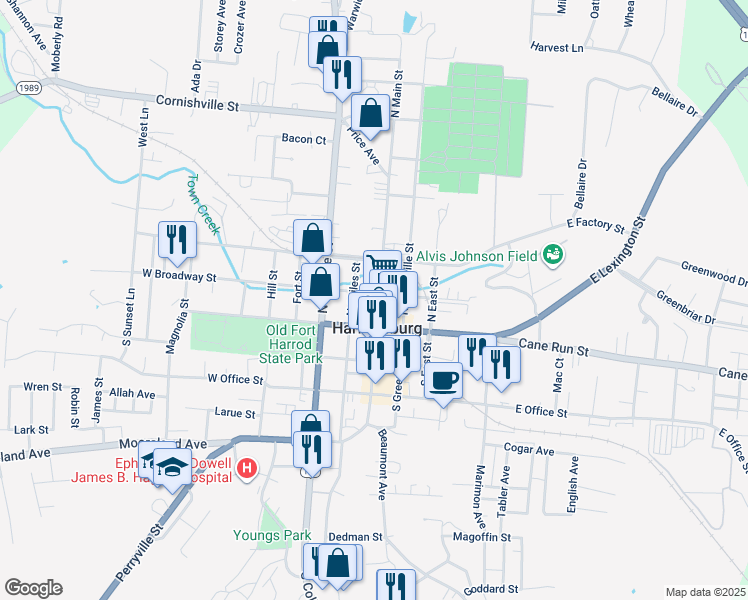 map of restaurants, bars, coffee shops, grocery stores, and more near in Harrodsburg