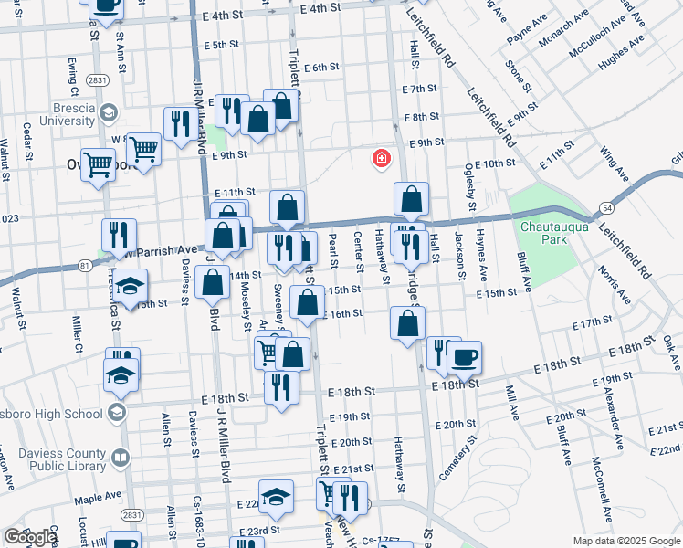 map of restaurants, bars, coffee shops, grocery stores, and more near 1309 Pearl St in Owensboro