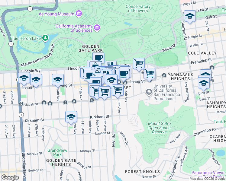 map of restaurants, bars, coffee shops, grocery stores, and more near 1350 7th Avenue in San Francisco