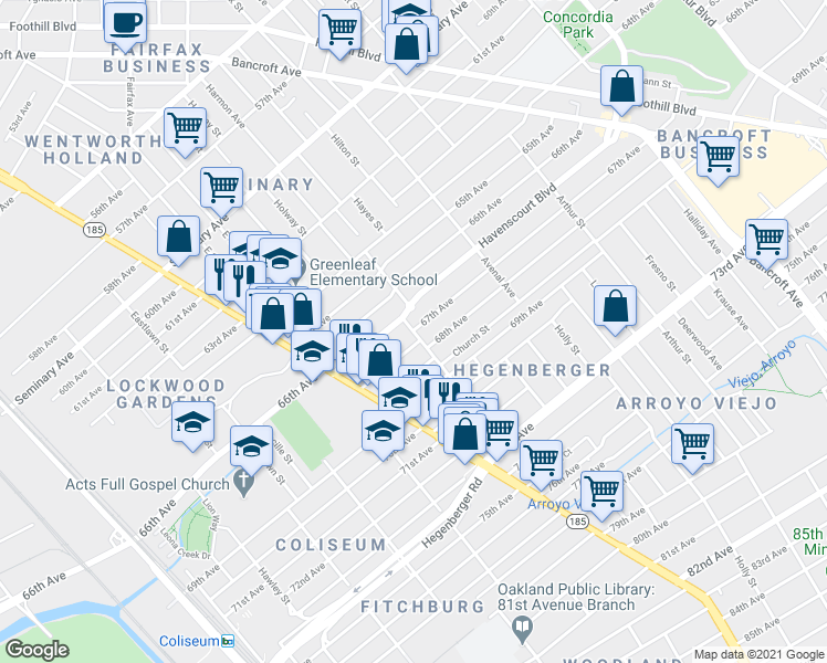 map of restaurants, bars, coffee shops, grocery stores, and more near 67th Avenue in Oakland