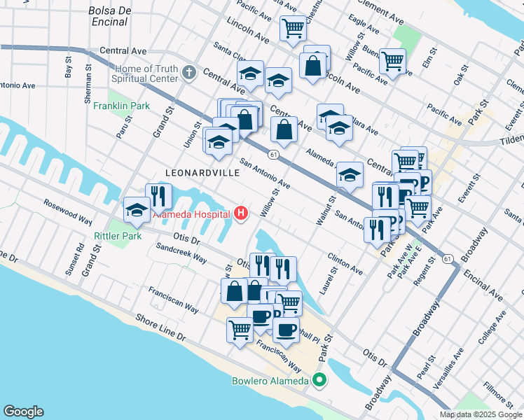 map of restaurants, bars, coffee shops, grocery stores, and more near 909 Willow Street in Alameda