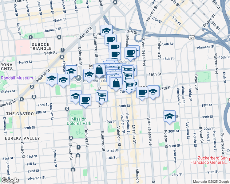 map of restaurants, bars, coffee shops, grocery stores, and more near 17th St & Valencia St in San Francisco