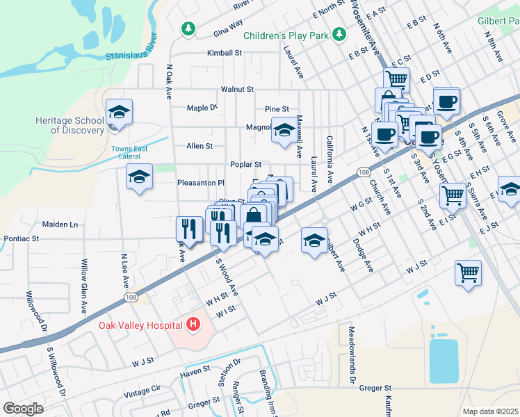map of restaurants, bars, coffee shops, grocery stores, and more near 121 North Bryan Avenue in Oakdale