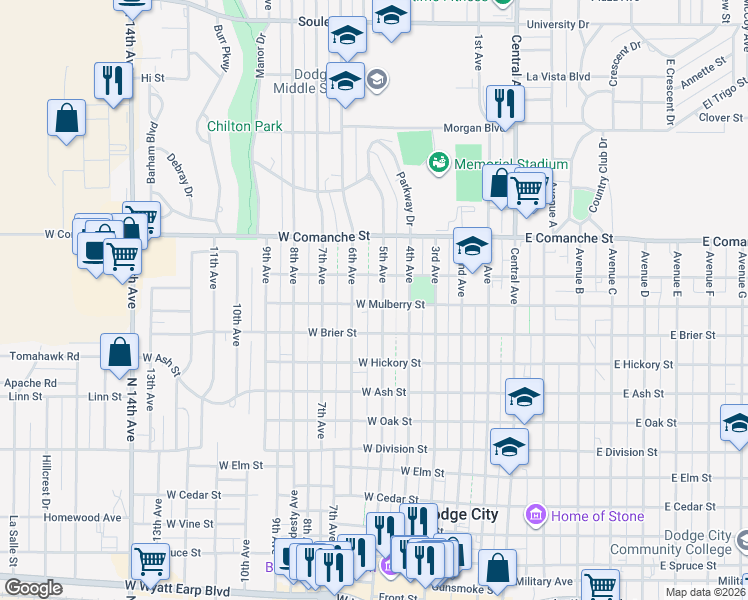 map of restaurants, bars, coffee shops, grocery stores, and more near 601-699 West Magnolia Street in Dodge City