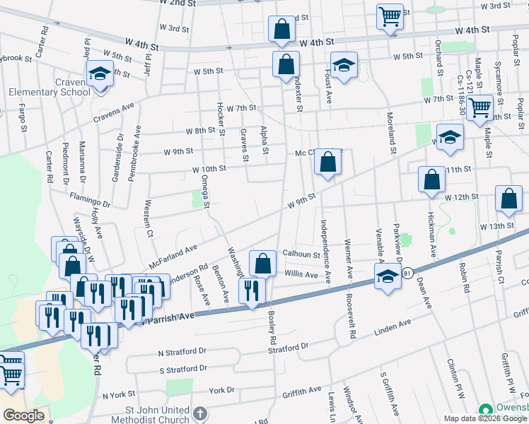 map of restaurants, bars, coffee shops, grocery stores, and more near 1120 Crabtree Avenue in Owensboro