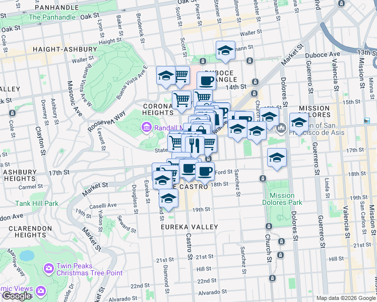 map of restaurants, bars, coffee shops, grocery stores, and more near 3653 16th Street in San Francisco