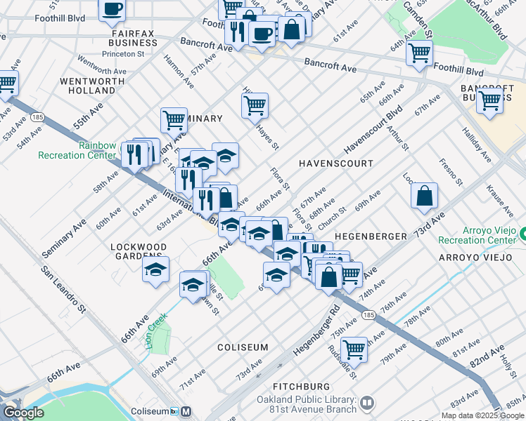 map of restaurants, bars, coffee shops, grocery stores, and more near 1825 66th Avenue in Oakland