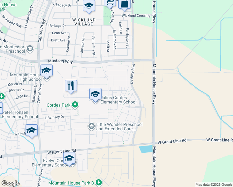 map of restaurants, bars, coffee shops, grocery stores, and more near 1056 South Prosperity Street in Mountain House