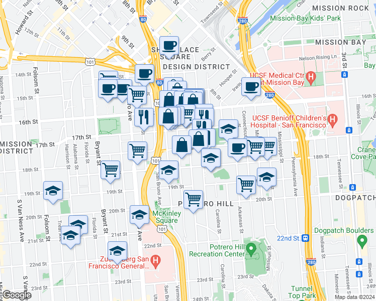 map of restaurants, bars, coffee shops, grocery stores, and more near 1901 Mariposa Street in San Francisco