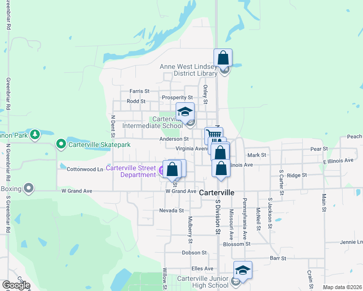 map of restaurants, bars, coffee shops, grocery stores, and more near 300-498 Anderson Street in Carterville