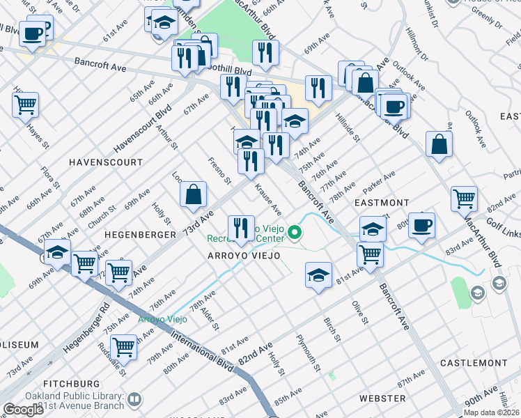map of restaurants, bars, coffee shops, grocery stores, and more near 2315 Legion Avenue in Oakland