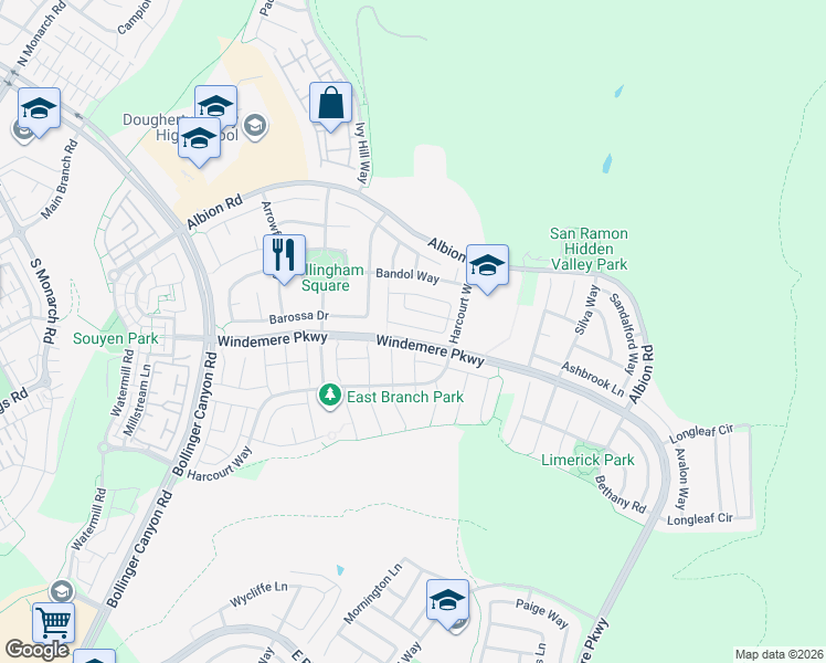 map of restaurants, bars, coffee shops, grocery stores, and more near 1543 Craiglee Way in San Ramon