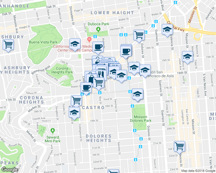 map of restaurants, bars, coffee shops, grocery stores, and more near 56 Prosper Street in San Francisco