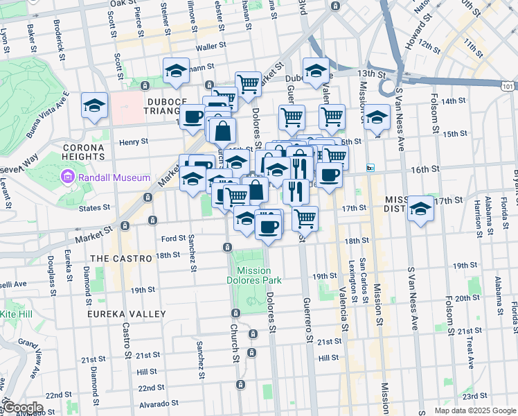 map of restaurants, bars, coffee shops, grocery stores, and more near 380 Dolores Street in San Francisco