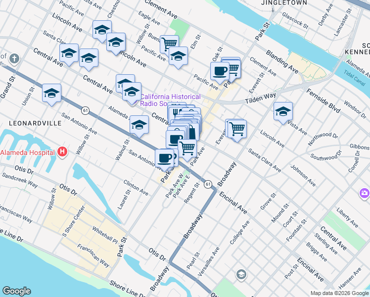 map of restaurants, bars, coffee shops, grocery stores, and more near Park Street in Oakland