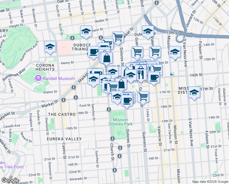 map of restaurants, bars, coffee shops, grocery stores, and more near 30A Abbey Street in San Francisco