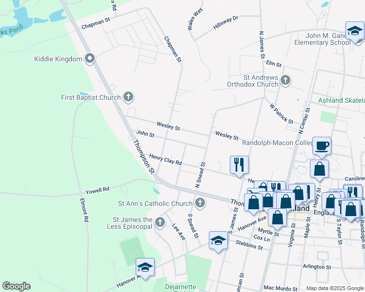 map of restaurants, bars, coffee shops, grocery stores, and more near 401 John Street in Ashland