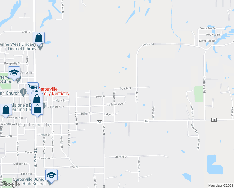 map of restaurants, bars, coffee shops, grocery stores, and more near 900 Pear Street in Carterville