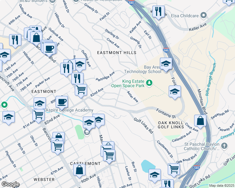map of restaurants, bars, coffee shops, grocery stores, and more near Lochard Street in Oakland