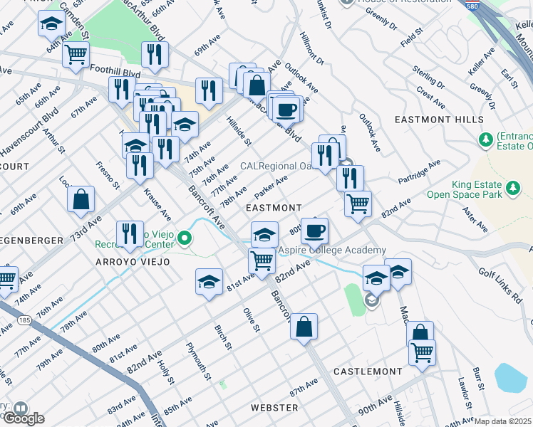 map of restaurants, bars, coffee shops, grocery stores, and more near 2665 79th Avenue in Oakland
