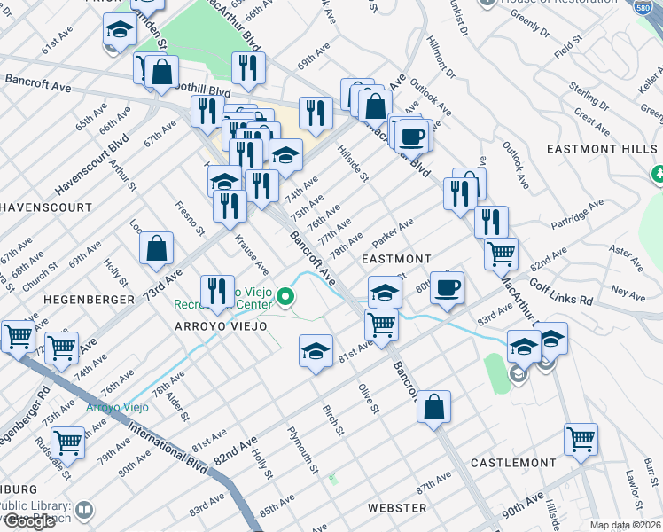 map of restaurants, bars, coffee shops, grocery stores, and more near 2527 78th Avenue in Oakland