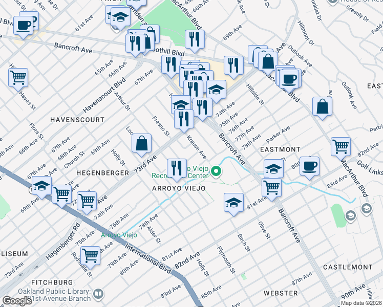 map of restaurants, bars, coffee shops, grocery stores, and more near 2315 Legion Avenue in Oakland