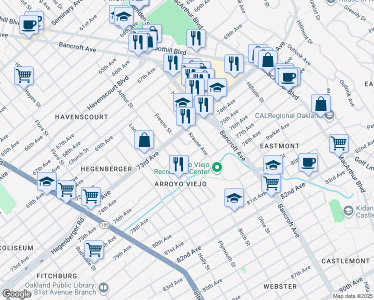 map of restaurants, bars, coffee shops, grocery stores, and more near 2315 Legion Avenue in Oakland