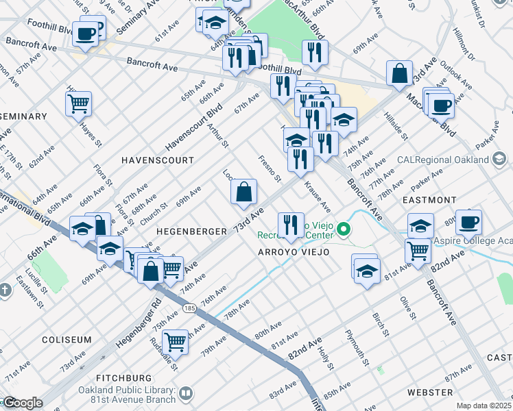 map of restaurants, bars, coffee shops, grocery stores, and more near in Oakland