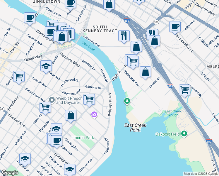 map of restaurants, bars, coffee shops, grocery stores, and more near 3132 Marina Drive in Alameda