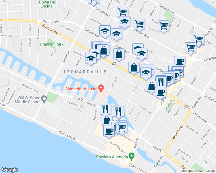 map of restaurants, bars, coffee shops, grocery stores, and more near 2056 San Jose Avenue in Alameda