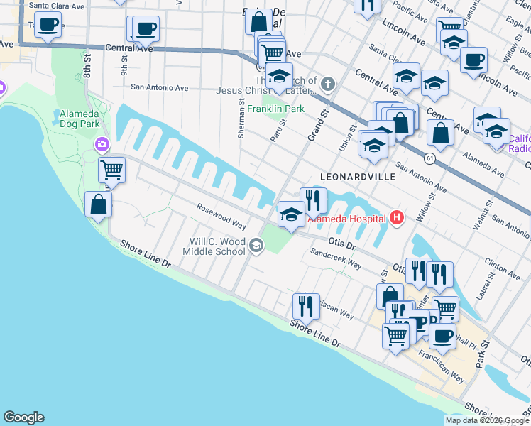 map of restaurants, bars, coffee shops, grocery stores, and more near 615 Grand Street in Alameda