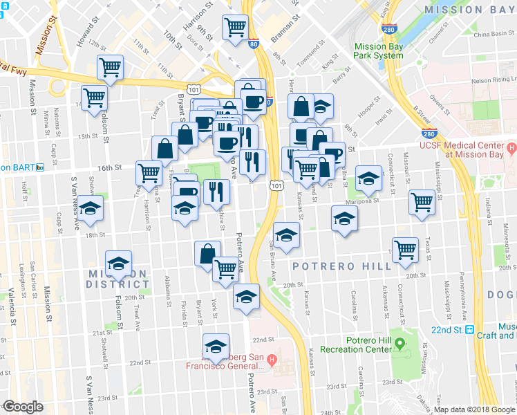 map of restaurants, bars, coffee shops, grocery stores, and more near 439 Utah Street in San Francisco