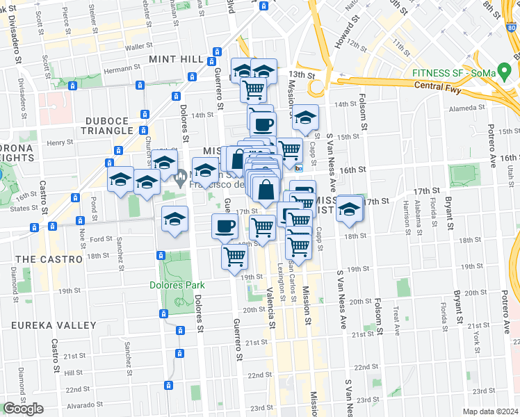 map of restaurants, bars, coffee shops, grocery stores, and more near 151 Albion Street in San Francisco