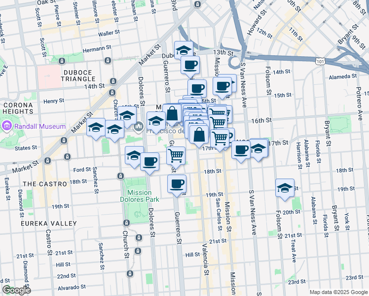 map of restaurants, bars, coffee shops, grocery stores, and more near 151 Albion Street in San Francisco