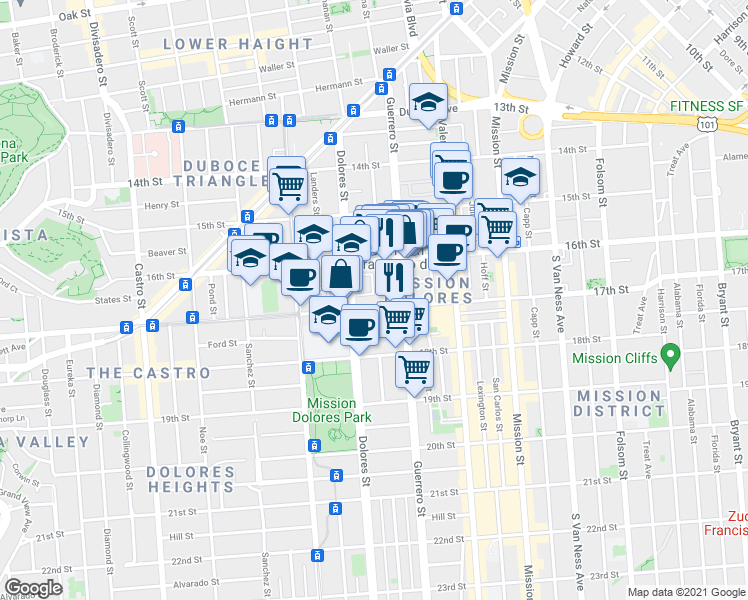 map of restaurants, bars, coffee shops, grocery stores, and more near 3245 16th Street in San Francisco
