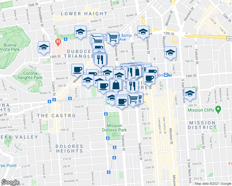 map of restaurants, bars, coffee shops, grocery stores, and more near 3321 16th Street in San Francisco